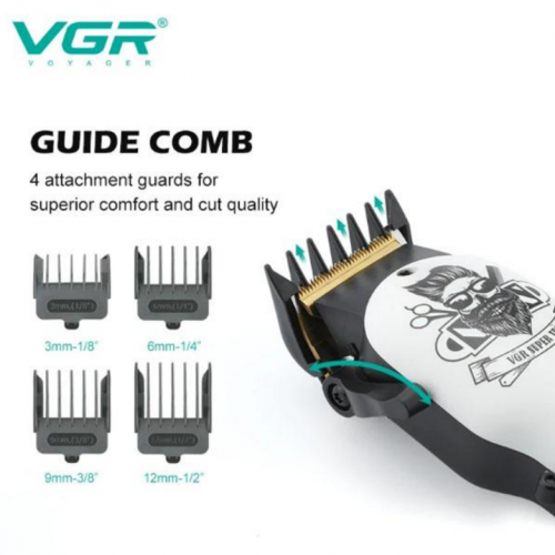 Аккумуляторная машинка для стрижки VGR V-699, 4 насадки, LED дисплей, Белая