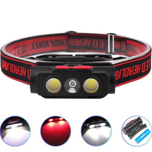 Налобный фонарь PLD-2119B, XPE+2COB, белый и красный, АКБ 18650, ЗУ Type C