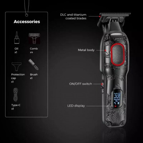 Триммер аккумуляторный VGR V-254, 4 насадки, 7000 RPM, 2000 mAh, LED дисплей Красный