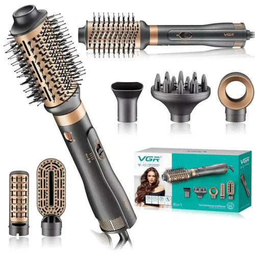 Фен стайлер для укладки волос 6в1, 1000Вт + 6 насадок, от сети, VGR V-491 / Фен-щетка для завивки волос