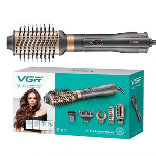 Фен стайлер для укладки волос 6в1, 1000Вт + 6 насадок, от сети, VGR V-491 / Фен-щетка для завивки волос