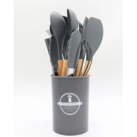 Силиконовый кухонный набор принадлежностей с деревянной ручкой 12 предметов Серый