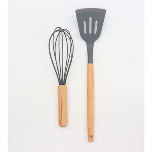 Силиконовый кухонный набор принадлежностей с деревянной ручкой 12 предметов Серый