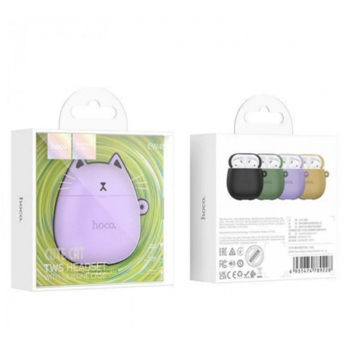 Беспроводные наушники вкладыши в кейсе HOCO EW45 + силиконовый кейс Кот Лиловый