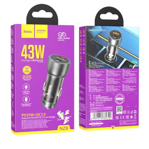 Автомобильное зарядное устройство 43W, PD25W+QC3,0, Hoco NZ8 / АЗУ-адаптер с подсветкой
