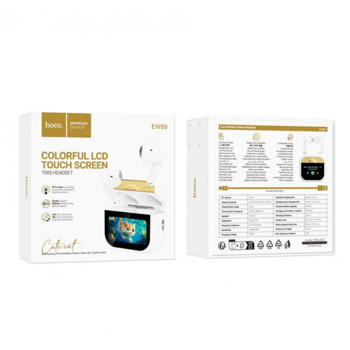 Беспроводные TWS наушники вкладыши HOCO EW89 Kissa с сенсорным экраном на кейсе Белые