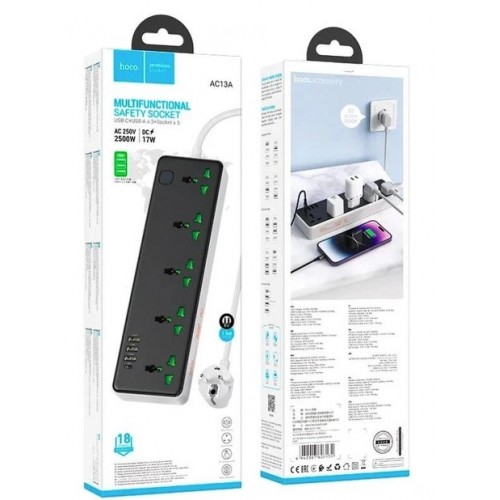 Сетевое зарядное устройство удлинитель Hoco AC13A 3 USB/ Type-C 5 розеток 1,5m Черный