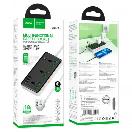 Сетевое зарядное устройство удлинитель HOCO AC7A STORM 3 USB/Type-C 3 розетки 1.5m Черный