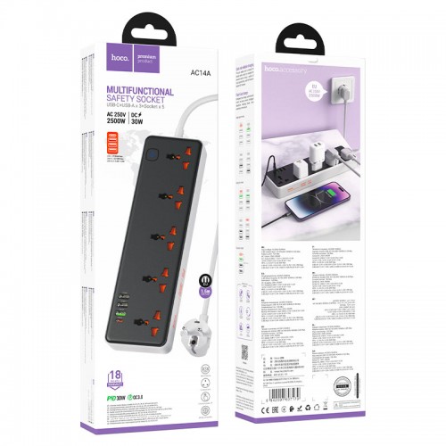 Сетевое зарядное устройство удлинитель HOCO AC14A Rico 3 USB/ Type-C 5 розеток 1,5m PD/QC, 3A/30W