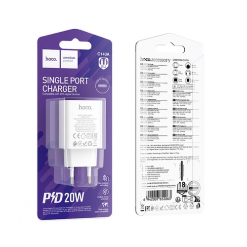 Сетевое зарядное устройство адаптер HOCO C143A 1Type-C, 20W/3A, поддержка быстрой зарядки