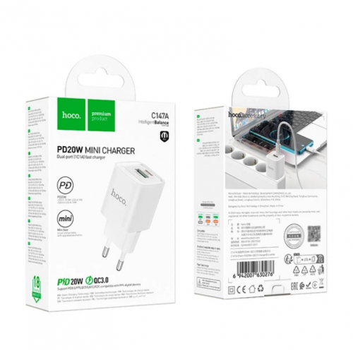 Сетевое зарядное устройство адаптер HOCO C147A 1хType-C/1хUSB PD/QC 20W, поддержка быстрой зарядки PD/QC/FCP/AFC