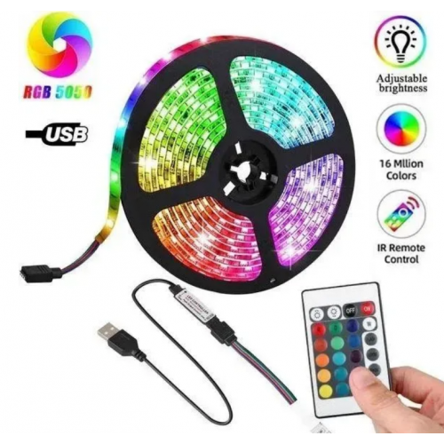 Светодиодная лента с пультом 5 м, от USB, Strip CB-5050 / Силиконовая самоклеющаяся led лента