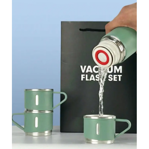 Подарочный набор Vacuum Flask SET вакуумный термос из нержавеющей стали 3 чашки Матово Зелёный