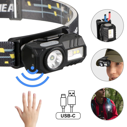 Фонарь налобный аккумуляторный T131-XPE+3SMD (Red+Green+Blue+UV), ЗУ Type C, с датчиком движения фонарик