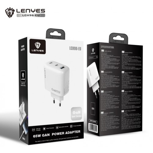 Сетевое зарядное устройство адаптер LENYES LCH96 1USB/2Type-C, 65W, поддержка быстрой зарядки PD/QC/FCP/AFC