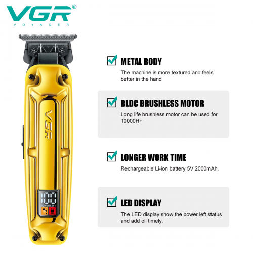 Аккумуляторная машинка для стрижки VGR V-904 GOLD, 4 насадки, 2000 mAh, LED display дисплей