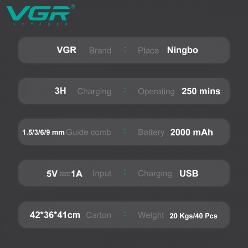 Аккумуляторная машинка для стрижки VGR V-904 GOLD, 4 насадки, 2000 mAh, LED display дисплей