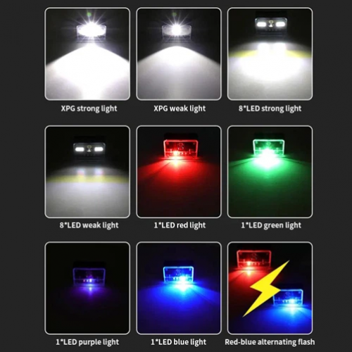 Фонарь налобный аккумуляторный M-006 XPG+8SMD+4SMD с сенсорным управлением, красный, синий, зеленый, белый, ультрофиолет