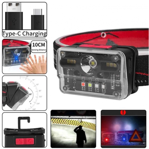 Фонарь налобный аккумуляторный M-006 XPG+8SMD+4SMD с сенсорным управлением, красный, синий, зеленый, белый, ультрофиолет