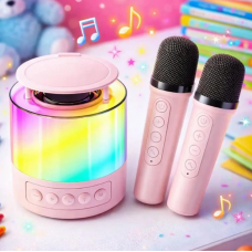 Портативная колонка K19 Bluetooth с LED-подсветкой и 2 микрофонами, караоке Розовая