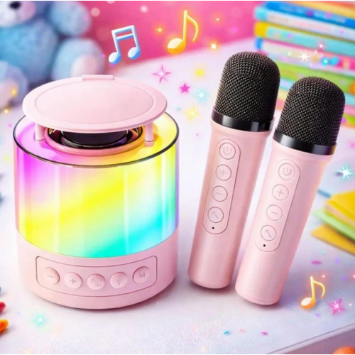 Портативная колонка K19 Bluetooth с LED-подсветкой и 2 микрофонами, караоке Розовая