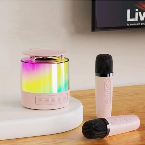Портативная колонка K19 Bluetooth с LED-подсветкой и 2 микрофонами, караоке Розовая