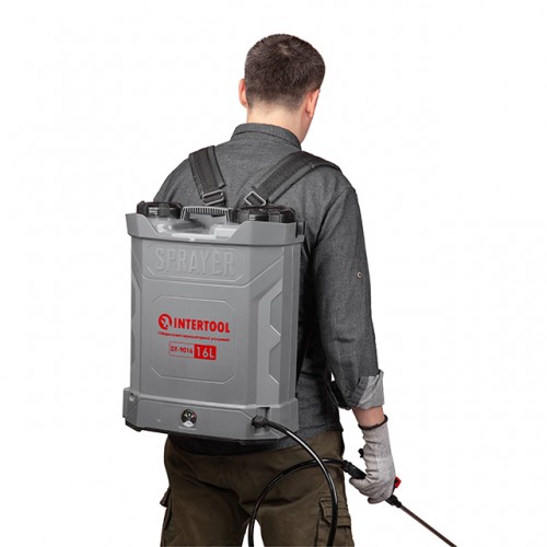 Опрыскиватель аккумуляторный ранцевой 16 л, 3.1 л/мин, батарея 12 В/8 Аг INTERTOOL DT-9016
