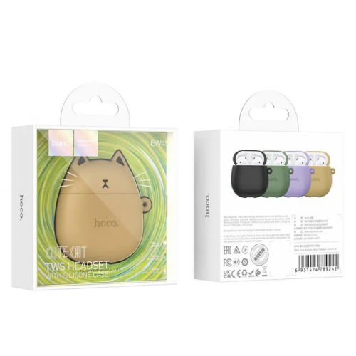 Беспроводные наушники вкладыши в кейсе HOCO EW45 + силиконовый кейс Кот Бежевый