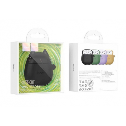 Беспроводные наушники вкладыши в кейсе HOCO EW45 + силиконовый кейс Кот Черный