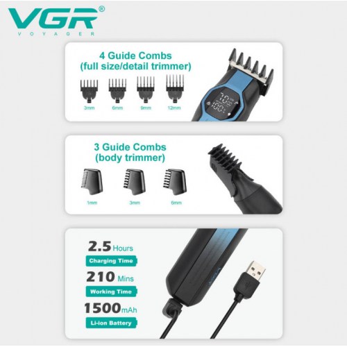 Машинка для стрижки волос USB VGR V-173 / Аккумуляторный триммер для стрижки / Машинка для волос Синий