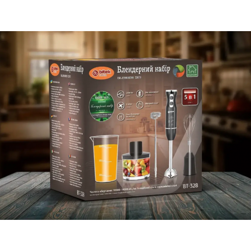 Блендер 5в1 с насадками, 2400Вт, 2 скорости, Bitek BT-328 / Ручной блендер с чашей