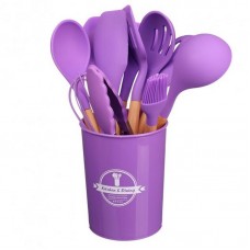 Силиконовый кухонный набор принадлежностей с деревянной ручкой 12 предметов Фиолетовый