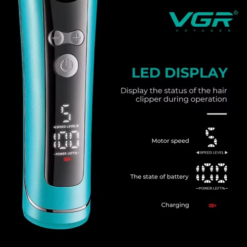 Триммер аккумуляторный VGR V-299, 4 насадки, 9000RPM, 2000 mAh, 5 уровней скорости, LED дисплей Синий