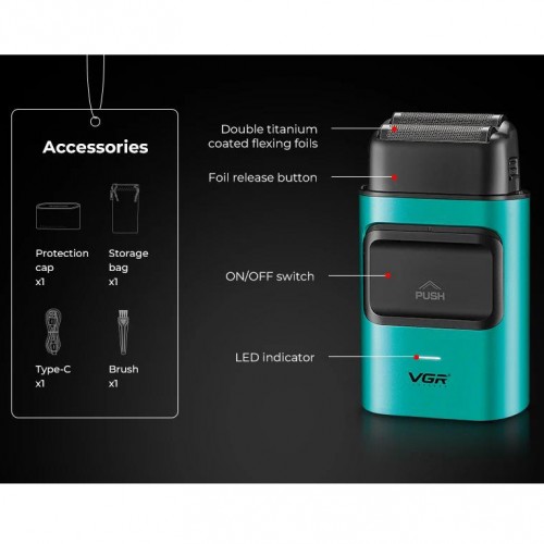 Электробритва шейвер для бороды, с USB, VGR V-307 / Аккумуляторная бритва / Триммер для лица Зелёный