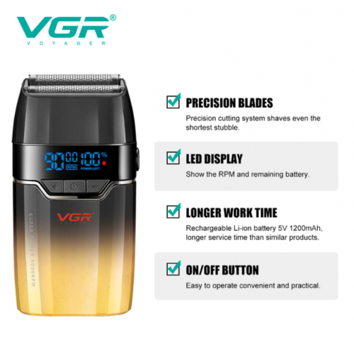 Электробритва VGR V-308 шейвер, двойное лезвие, 9000 RPM, LED дисплей Золотой