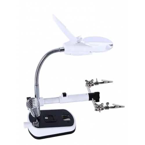 Третья рука для пайки MG16075C лупа 75 мм, 5x-11x, 2 держателя (крокодилы) плат с подставкой для паяльника