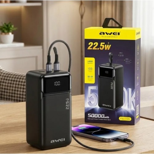 Внешний аккумулятор Power bank AWEI PA106 50000 мАч 22.5 Вт быстрая зарядка Черный