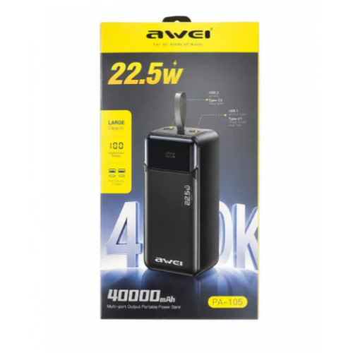 Внешний аккумулятор Power bank AWEI PA105 40000 мАч 22.5 Вт быстрая зарядка Черный