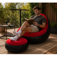Надувное кресло диван 2в1 с пуфиком для ног A-Sofa до 150 кг с насосом Чёрный с красным