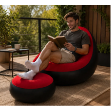 Надувное кресло диван 2в1 с пуфиком для ног A-Sofa до 150 кг с насосом Чёрный с красным