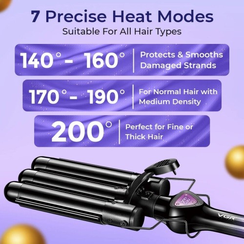 Плойка потрійна VGR V-590, 140-200 °C, керамічне покриття, LED дисплей, 130 W Фіолетова