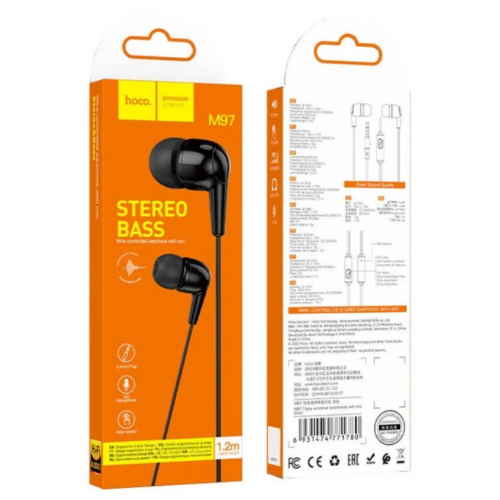 Провідні навушники вакуумні 3.5mm HOCO M97 Enjoy з мікрофоном 1.2m Чорні