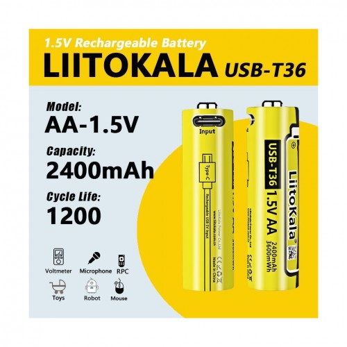Акумулятор AA, LiitoKala T36 1.5V, Type C роз'єм 2400mAh, ОРИГІНАЛ