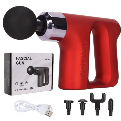 Акумуляторний масажер для тіла м'язовий портативний ручний 4 насадки Fascial Gun KH-740 Червоний