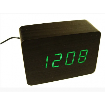 Настольные деревянные часы ET 009 ЧЁРНЫЕ с зеленой подсветкой