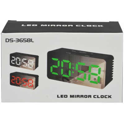 Зеркальные LED часы с будильником и термометром DS-3658L Чёрные (зеленная подсветка) 