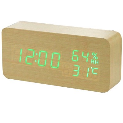 Деревянные Настольные часы VST-862S с термометром светлое дерево (зеленая подсветка)