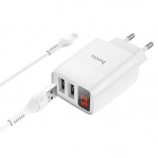 Зарядное устройство 220В 2 USB с кабелем USB - Micro USB Hoco C86A Illustrious с экраном Белый