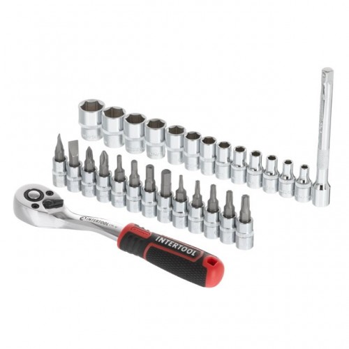 Набор головок 1/4" 4-14 мм., TORX, PH, HEX, SL, 72 зуба, 28ед., Cr-V STORM INTERTOOL ET-8018