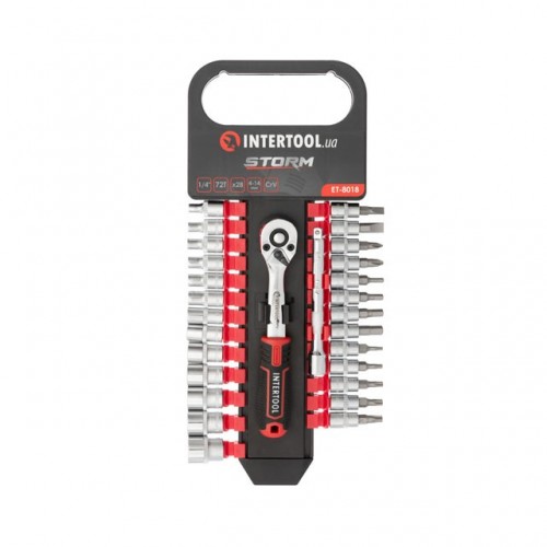 Набор головок 1/4" 4-14 мм., TORX, PH, HEX, SL, 72 зуба, 28ед., Cr-V STORM INTERTOOL ET-8018